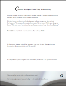 Common Application Essay Brainstorming Sheet