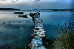 Rickety pier into lake William Wordsworth