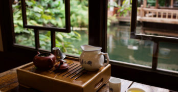 Tea Quest De Fer Pittsburgh tea set by window