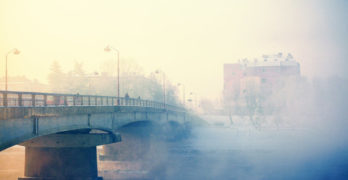 Serbia Bridge in city in fog