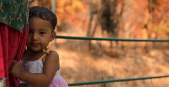 shy girl golden trees