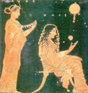 red-figure wedding scene with two women getting ready for a wedding