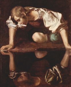 narcissus peering into the waters, enamored by his reflection