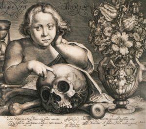 a young boy sits and touches a skull with the phrase memento mori written on etching