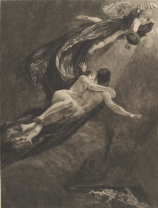 drawing of a couple intertwined being pulled up by a cherub