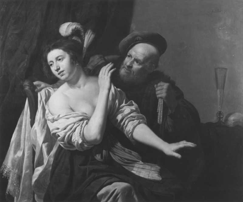 woman holds her hard up to a man and turns her body away as if rejecting him, the man grasps pearls