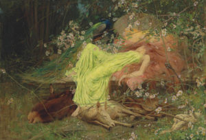 woman lies on back with flowers surrounding her with animals asleep at her feet