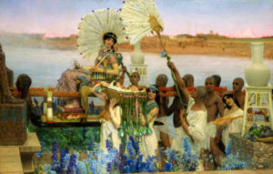 painting of egyptian queen riding on an open palanquin