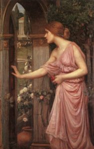 psyche opening door to a garden with roses
