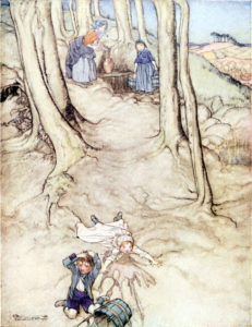 picture of jack and jill at the bottom of the hill after falling down their family looks at them
