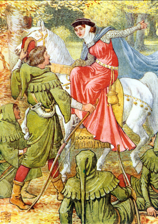 robin hood talking to a lady pn a horse in the forrest 