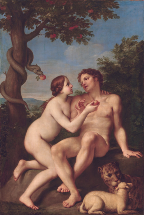eve offers apple to adam two animals play at their feet