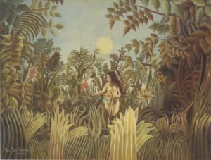 wagon (eve) stands in garden with apple