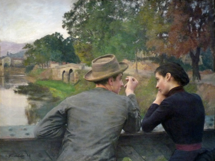 two lovers look at each other on a bridge