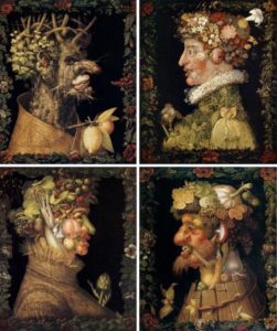 four different depictions of a man made of vegetables and fruits and other natural elements
