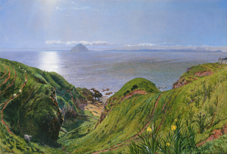 paining of scottish highlands looking at the rock in the distance with a boat in the water 