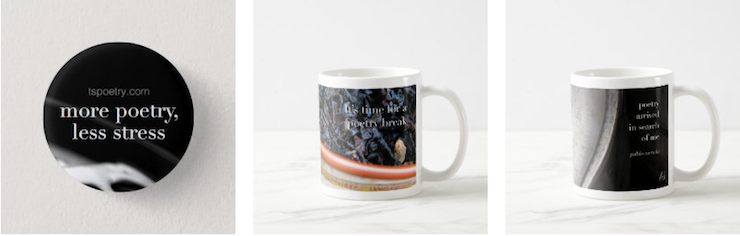 poetry at work button and mugs