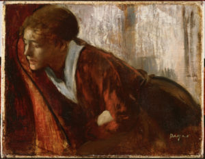 a woman dressed in red leans out of her chain as if peering over the backboard