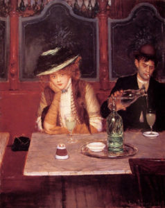 two lovers sit, a man with a cigarette pours another glass of wine while the woman rests her hand on her cheek.
