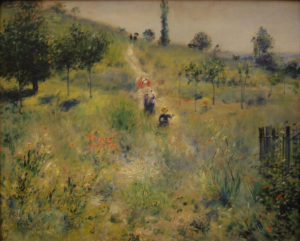 in a field full of flowers there is a dirt path and people coming forward