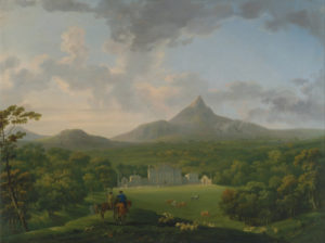 a manor sits at the bottom of a hill while several men ride horses towards it