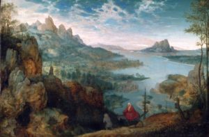 a woman on a donkey is driven by a man on foot while they look out into vast nature