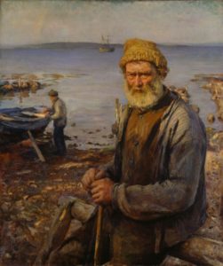 an old fisherman mends his net while his friend is down by the boat