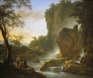 men and women sit outside near a big rock and water, enjoying nature