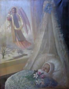 a child that looks like its sleeping in its bed is revealed to be dead as the angel of death carries it away outside
