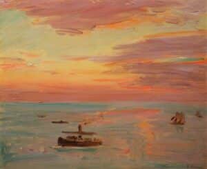 sunrise on the water with a boat