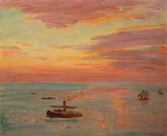 sunrise on the water with a boat 
