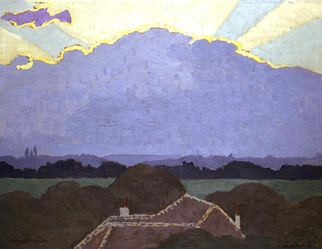 purple clouds form the background with rays on sunshine pouring out from behind