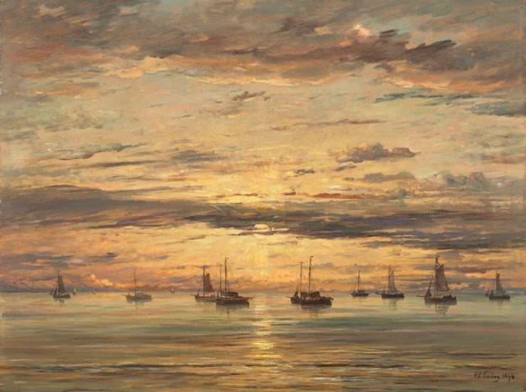 ships are on the horizon as the sun sets over the water