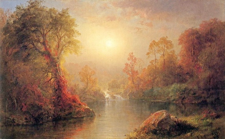 autumnal scene with a river and tries shades of yellow and red