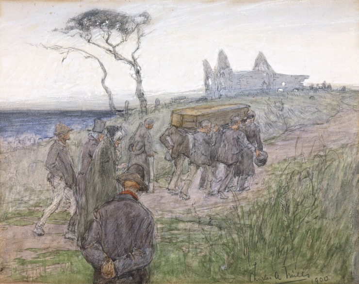 funeral procession on the road with the coffin being carried 