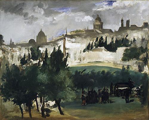 a graveyard with a funeral procession 