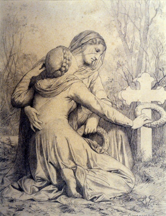 women collapses by a grave