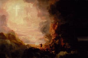 the gates of heaven opening up to a man with angels waiting for him