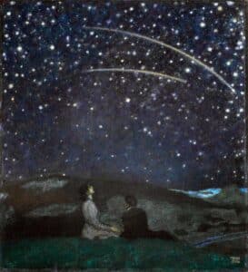people sit on a hill and observe the night sky with shooting stars