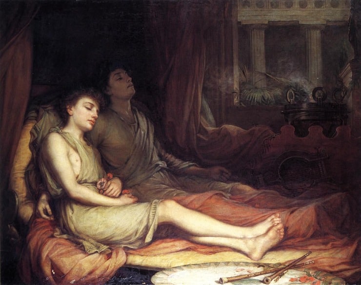sleep and death personified lay on a bed