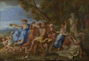 a bacchanalia scene with the statue of Pan in the background