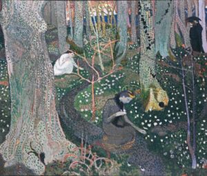 women gather in a meadow near a brook
