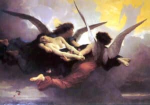 two angels carry a woman to heaven