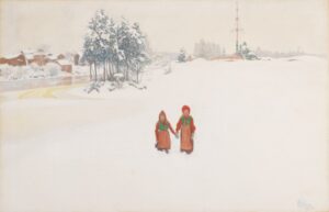 two girls hold hands in orange jumpers in the snow