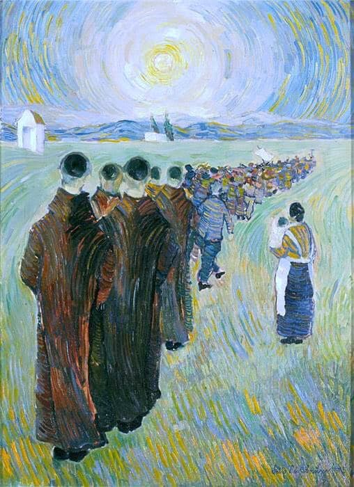 people lined up in a row with a woman and child to the right 
