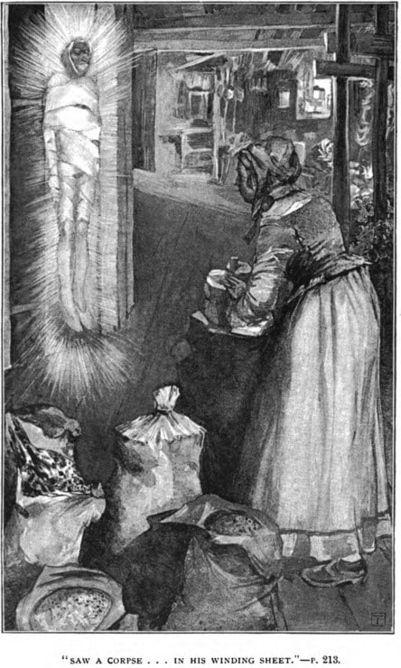 woman looks at a man in a funeral shroud