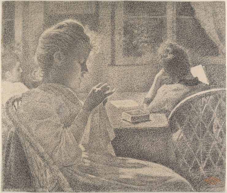 women sit in a parlor one stitches while one reads