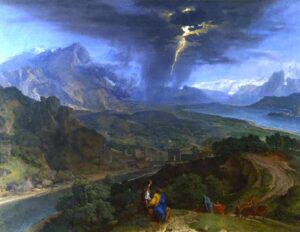 people in the foreground sit on a mountain watching lightning strike far away
